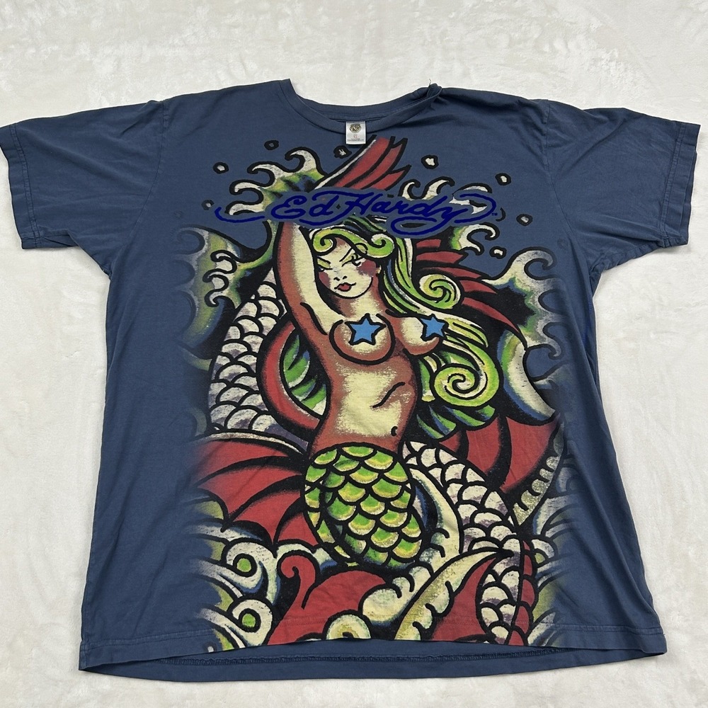 Ed Hardy T-Shirt Mens XL Blue Mermaid Tattoo Graphic Christian Audigier